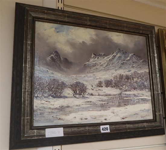 Herbert Moxon Cook (1844-1920), oil on canvas, Snow covered mountain landscape, signed, 32 x 42cm